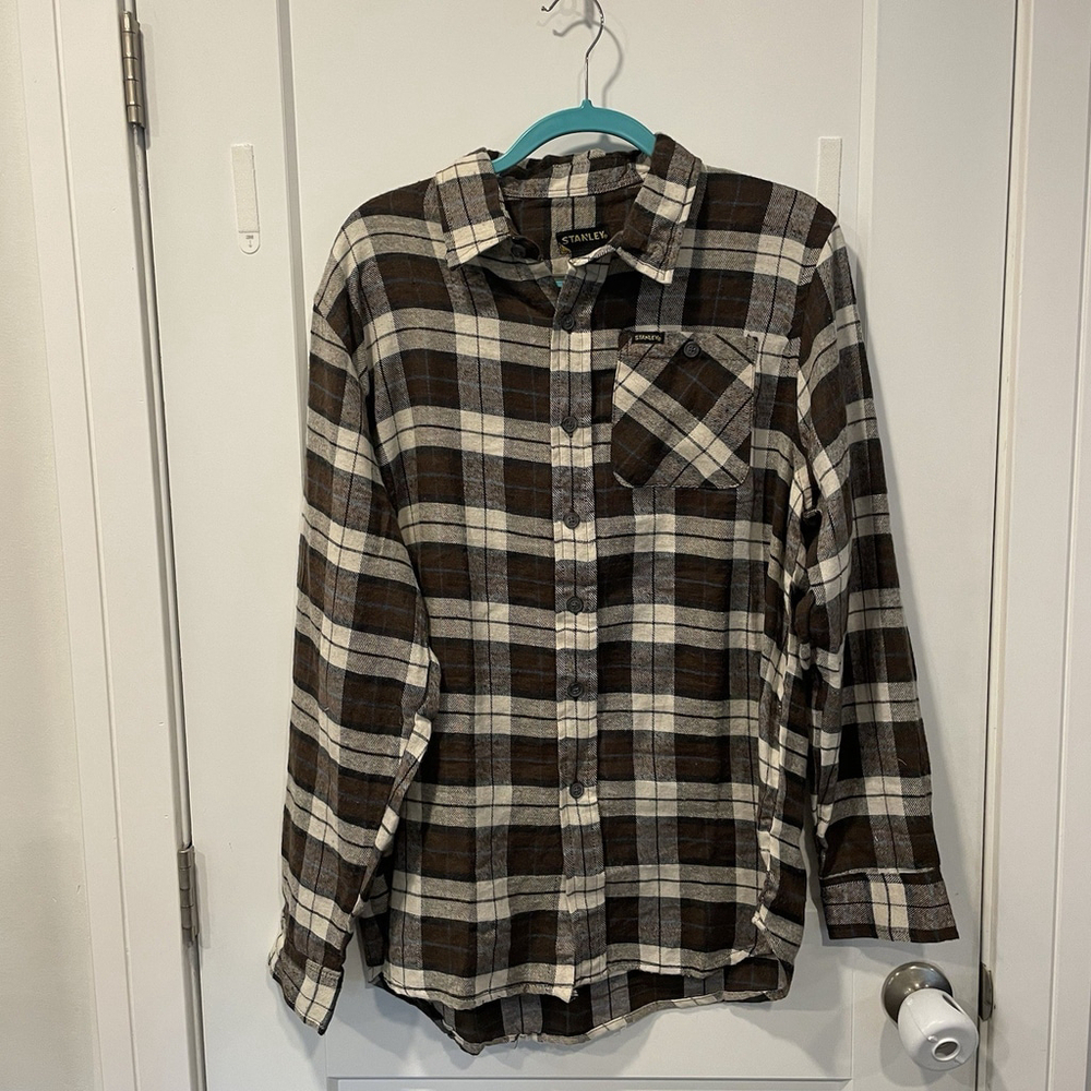 Stanley Mens Medium Flannel Shirt Long Sleeve Button Up Brown Black Plaid